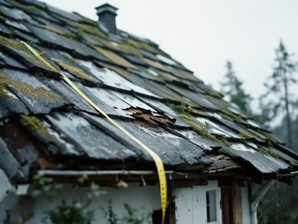 Vaurioitunut huopakatto korjauslapuilla ja mittanauhalla, vesi kerääntynyt painaumiin, suomalainen talo
