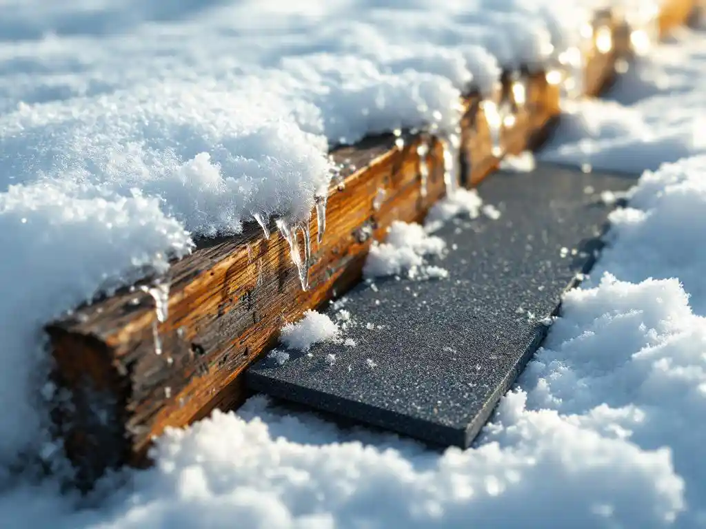 Vanha puinen kattopalkki ja moderni kattomateriaali lumessa, jääpuikot roikkumassa puusta, talvivalo korostaa tekstuurieroja