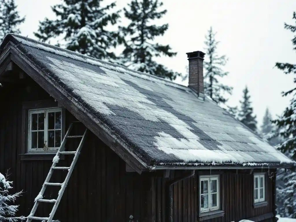 Huollettu huopakattoinen puutalo Suomessa, tikkaat seinää vasten, mäntyjä taustalla, talvivalaistus
